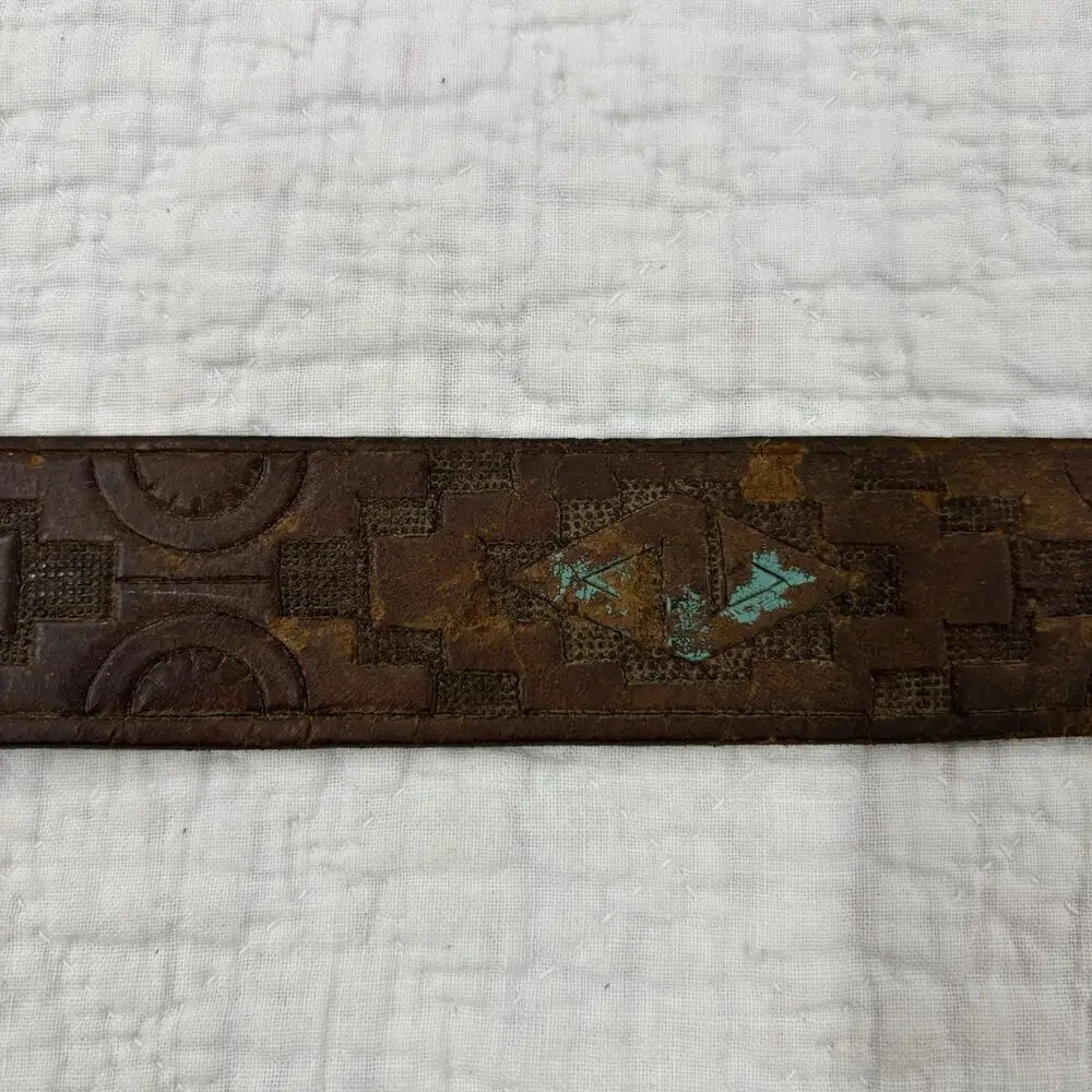Vintage 70s Tooled Buckle Belt Navajo Geometric Leather Hippie Turquise Paint